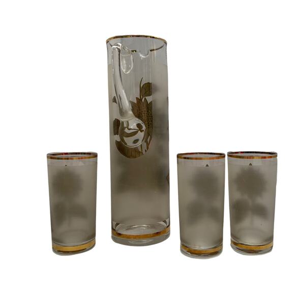 Vintage Rare Gold Sunflower Raised Frosted Pitcher and 3 Glass Set - Picture 2 of 3